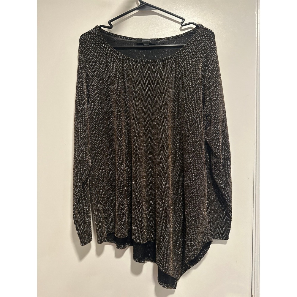 Karen Kane Metallic Gold Asymmetric Hem Top Sz:1X Black Gold Shimmer Knit Party